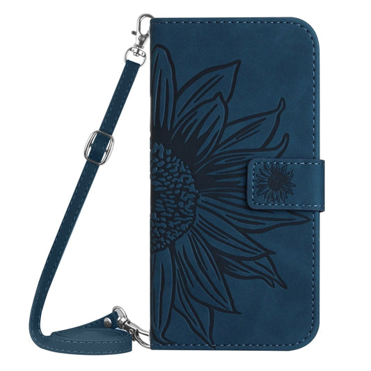 For iPhone 16e Skin Feel Sun Flower Embossed Flip Leather Phone Case with Lanyard(Inky Blue) by bashfashion