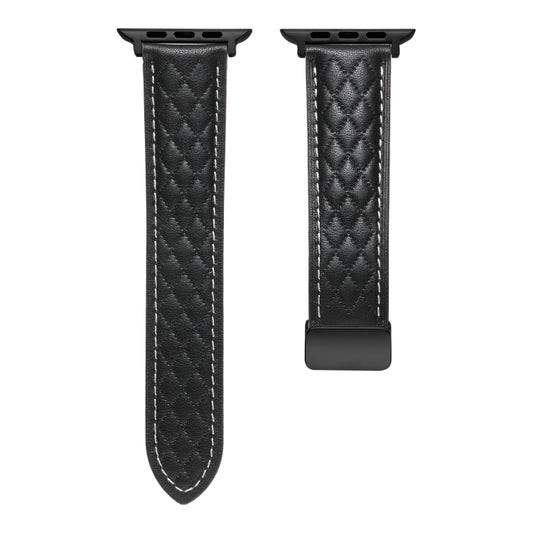 For Apple Watch 8 45mm Folding Buckle Rhombus Leather Watch Band(Black) by bashfashion