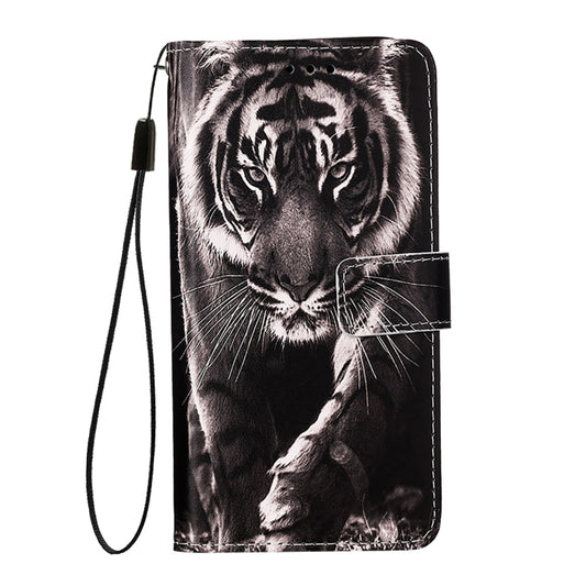 For iPhone 16e Colored Drawing Pattern Plain Weave Leather Phone Case(Black And White Tiger) by bashfashion