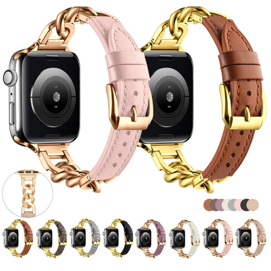 For Apple Watch Series 10 42mm Chain Genuine Leather Watch Band, Size: S(Rose Gold Beige) by bashfashion