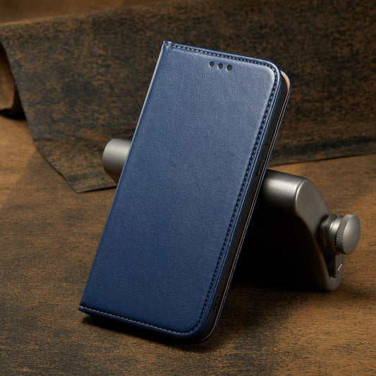 For iPhone 16e Fierre Shann PU Genuine Leather Texture Phone Case(Blue) by FIERRE SHANN