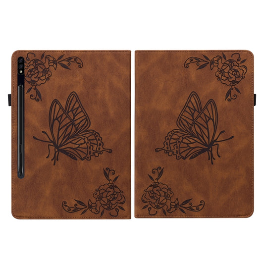 For Samsung Galaxy Tab S9 Butterfly Flower Embossed Leather Tablet Case(Brown) by bashfashion