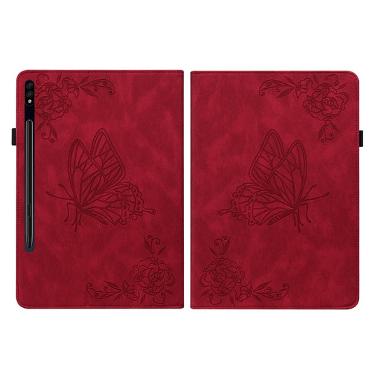 For Samsung Galaxy Tab S7+/S7 FE/S8+ Butterfly Flower Embossed Leather Tablet Case(Red) by bashfashion