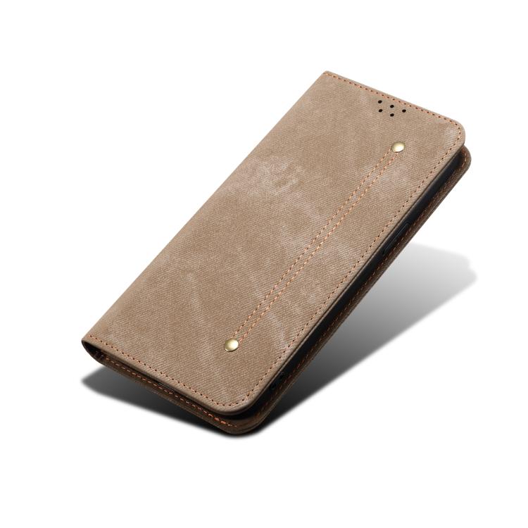 For iPhone 16e Denim Texture Casual Style Horizontal Flip Leather Case(Khaki) by bashfashion