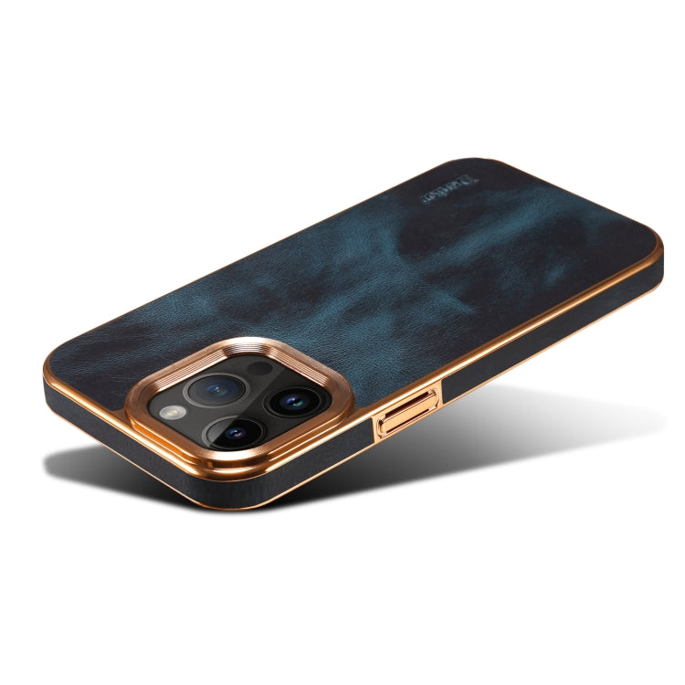 For iPhone 15 Pro Denior Oil Wax Cowhide Plating Phone Case(Blue) by Denior