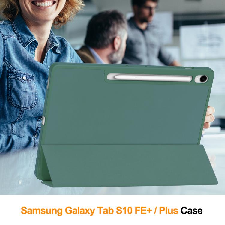 For Samsung Galaxy Tab S10 FE+ 3-Fold Pure Color TPU Smart Leather Tablet Case with Pen Slot(Dark Green) by bashfashion