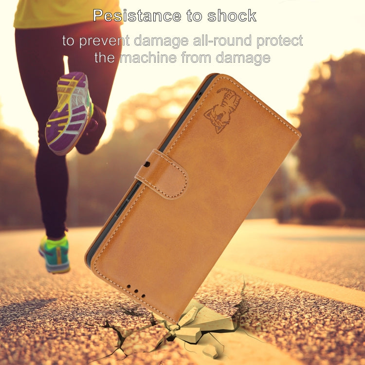 For iPhone 16e Embossed Happy Cat Pattern Flip Leather Phone Case(Yellow) by bashfashion