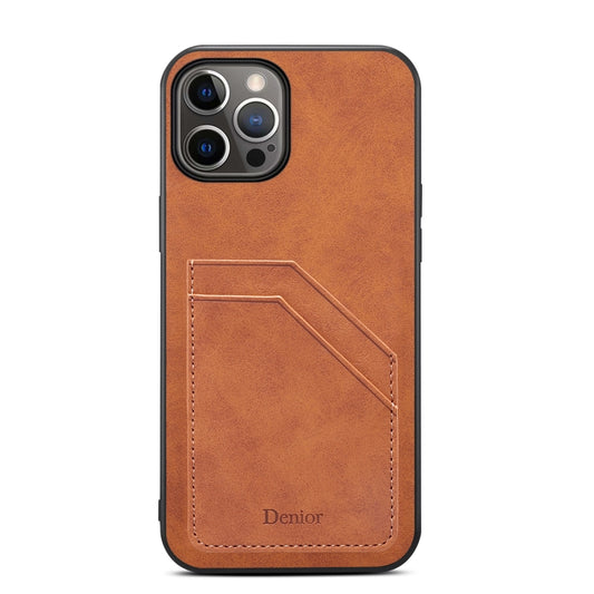 For iPhone 15 Plus Denior PU Dual Card Slot Back Cover Phone Case(Brown) by Denior