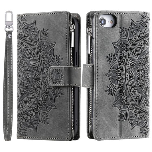 For iPhone 16e Multi-Card Totem Zipper Leather Phone Case(Grey) by bashfashion