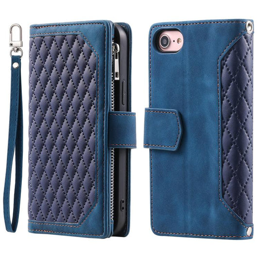 For iPhone 16e Grid Texture Zipper Leather Phone Case with Lanyard(Blue) by bashfashion