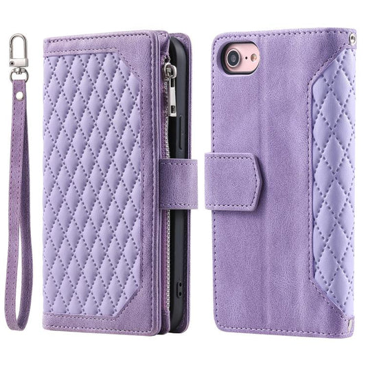 For iPhone 16e Grid Texture Zipper Leather Phone Case with Lanyard(Purple) by bashfashion