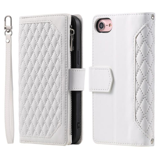 For iPhone 16e Grid Texture Zipper Leather Phone Case with Lanyard(White) by bashfashion
