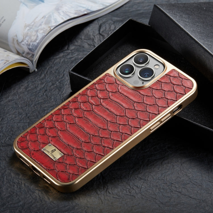 For iPhone 14 Pro Fierre Shann Python Texture Electroplating PU Phone Case(Red) by FIERRE SHANN