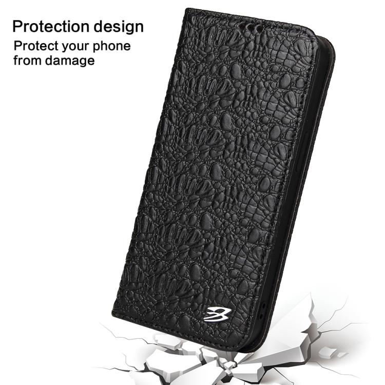 For iPhone 16e Fierre Shann Crocodile Texture Magnetic Genuine Leather Phone Case(Black) by FIERRE SHANN