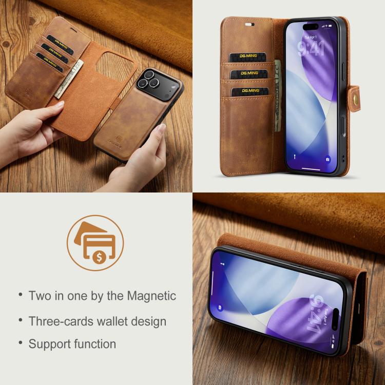 For iPhone 17 Pro DG.MING Crazy Horse Texture Detachable Magnetic Leather Phone Case(Brown) by DG.MING