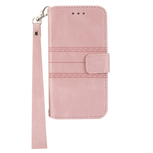 For iPhone 16e Embossed Stripes Skin Feel Leather Phone Case(Pink) by bashfashion
