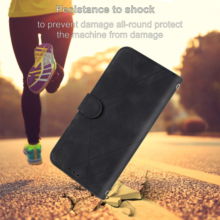 For iPhone 16e Embossed Line Leather Phone Case with Lanyard(Black) by bashfashion