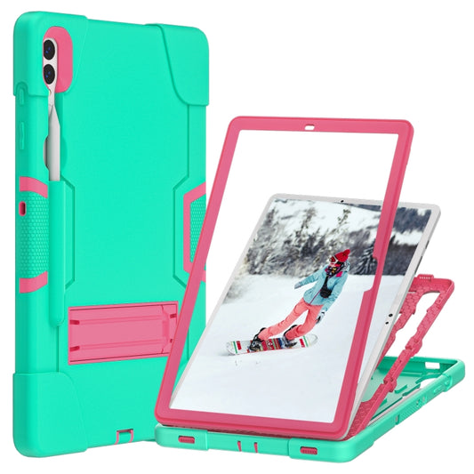 For Samsung Galaxy Tab S9+ Contrast Color Silicone PC Tablet Case with Holder(Mint Green + Rose Red) by bashfashion