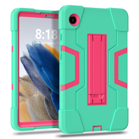 For Samsung Galaxy Tab A9 Contrast Color Silicone PC Tablet Case with Holder(Mint Green + Rose Red) by bashfashion