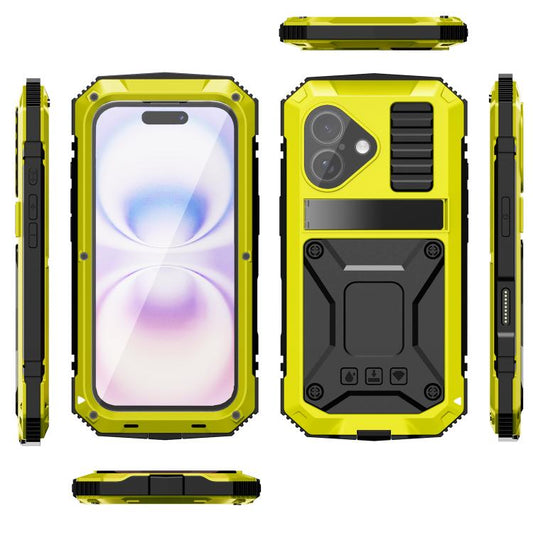 For iPhone 17 R-JUST Metal + Silicone + Tempered Glass Life Waterproof Phone Case with Holder(Yellow) by R-JUST