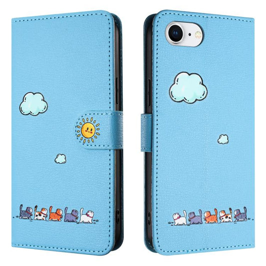 For iPhone 16e Cartoon Cats Leather Phone Case(Blue) by bashfashion