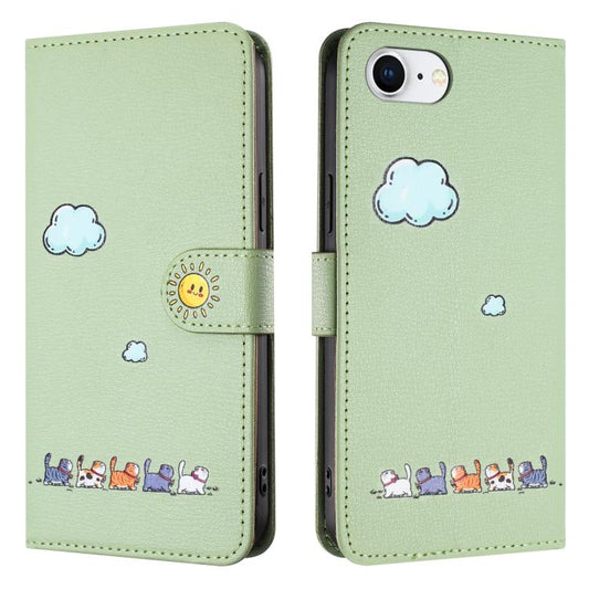 For iPhone 16e Cartoon Cats Leather Phone Case(Green) by bashfashion