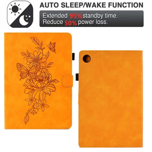 For Samsung Galaxy Tab A11+ / A9+ Peony Butterfly Embossed Leather Smart Tablet Case(Khaki) by bashfashion