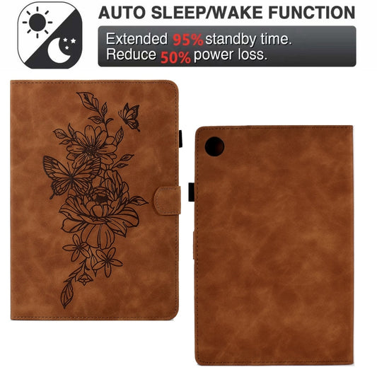 For Samsung Galaxy Tab A11+ / A9+ Peony Butterfly Embossed Leather Smart Tablet Case(Brown) by bashfashion