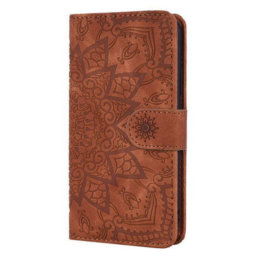 For iPhone 16e Mandala Embossed Dual-Fold Calf Leather Phone Case(Brown) by bashfashion