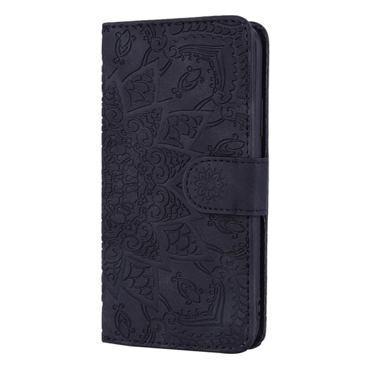 For iPhone 16e Mandala Embossed Dual-Fold Calf Leather Phone Case(Black) by bashfashion
