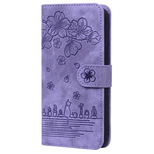 For iPhone 16e Cartoon Sakura Cat Embossed Leather Phone Case(Purple) by bashfashion