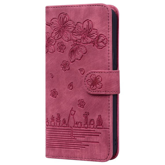 For iPhone 16e Cartoon Sakura Cat Embossed Leather Phone Case(Wine Red) by bashfashion
