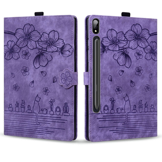 For Samsung Galaxy Tab S10 Ultra /S11 Ultra Cartoon Sakura Cat Embossed Leather Tablet Case(Purple) by bashfashion
