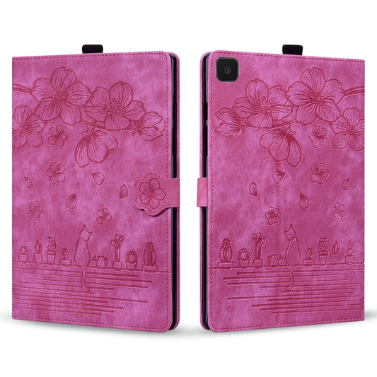 For Samsung Galaxy Tab A7 Lite Cartoon Sakura Cat Embossed Leather Tablet Case(Rose Red) by bashfashion