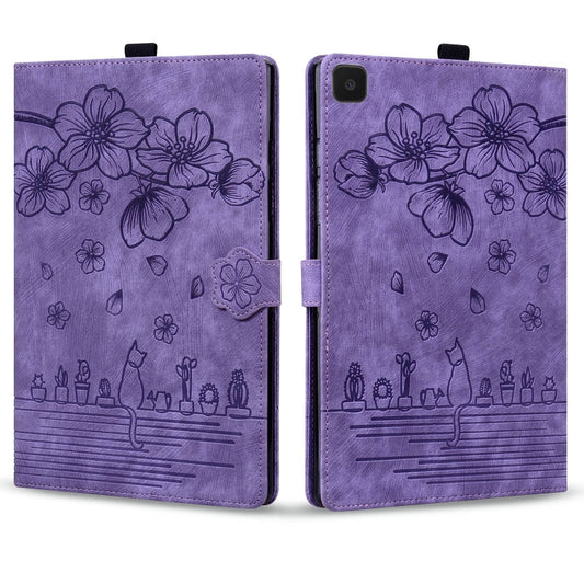 For Samsung Galaxy Tab A7 Lite Cartoon Sakura Cat Embossed Leather Tablet Case(Purple) by bashfashion