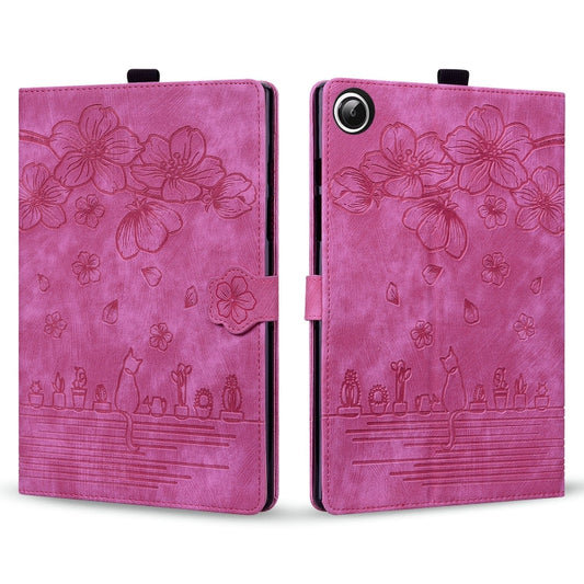 For Samsung Galaxy Tab A11 / A9 Cartoon Sakura Cat Embossed Leather Tablet Case(Rose Red) by bashfashion