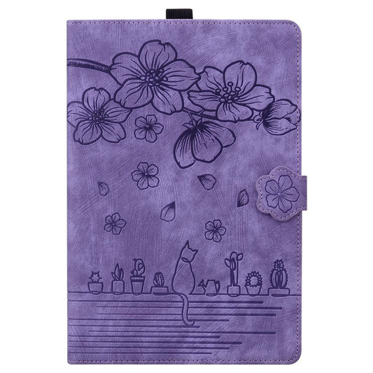 For Samsung Galaxy Tab S10 FE+ Cartoon Sakura Cat Embossed Leather Tablet Case(Purple) by bashfashion