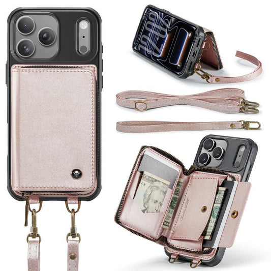 For iPhone 17 Pro Max JEEHOOD C22 Series Zipper Wallet Leather Phone Case with Dual Lanyard(Rose Gold) by JEEHOOD