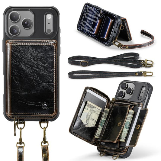 For iPhone 17 Pro Max JEEHOOD C22 Series Zipper Wallet Leather Phone Case with Dual Lanyard(Coffee) by JEEHOOD