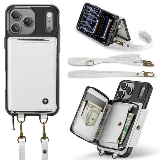 For iPhone 17 Pro JEEHOOD C22 Series Zipper Wallet Leather Phone Case with Dual Lanyard(White) by JEEHOOD