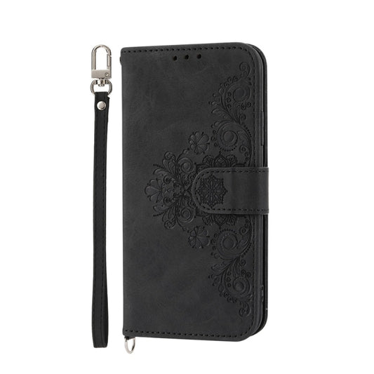 For iPhone 16e Skin-feel Flowers Embossed Wallet Leather Phone Case(Black) by bashfashion