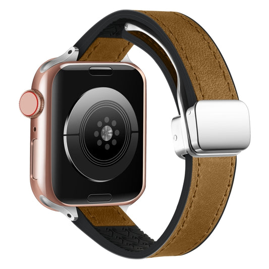 For Apple Watch Series 9 45mm Magnetic Folding Leather Silicone Watch Band(Crazy Horse Brown) by bashfashion