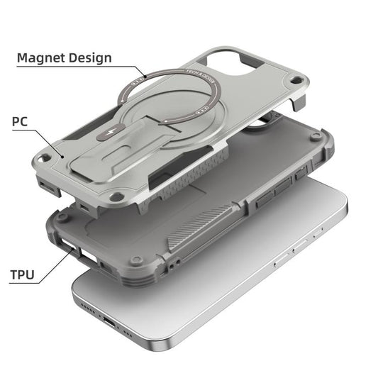 For iPhone 16e Armor Magsafe Holder PC Hybrid TPU Phone Case(Grey) by bashfashion