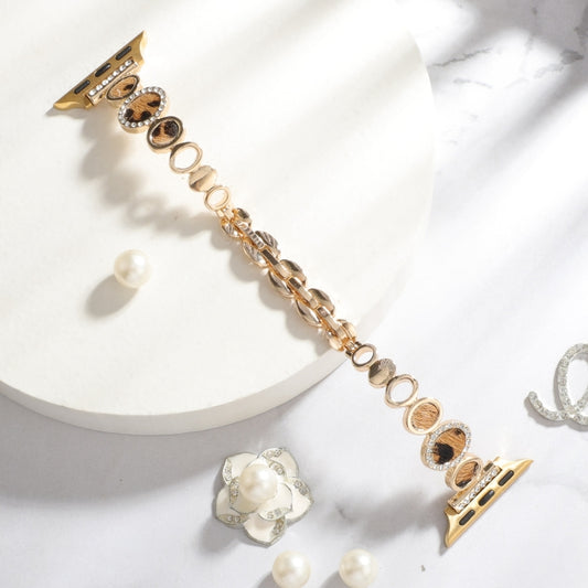 For Apple Watch Series 6 40mm Leopard Rhinestones Metal Chain Watch Band(Gold) by bashfashion