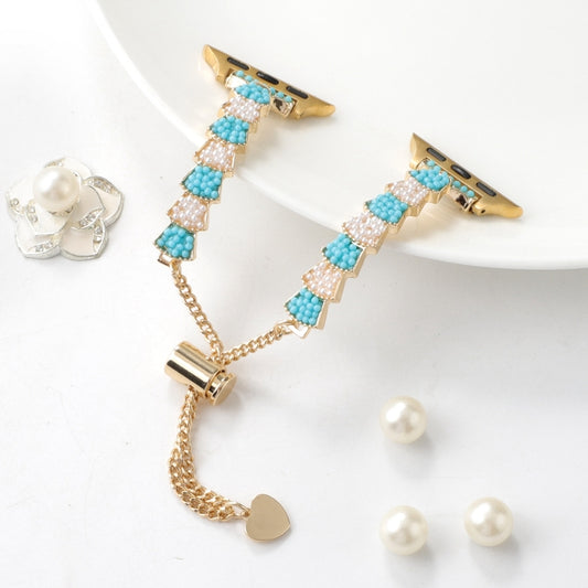 For Apple Watch Series 9 45mm Shell Beads Chain Bracelet Metal Watch Band(Blue White Gold) by bashfashion