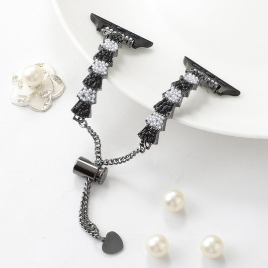 For Apple Watch Series 2 42mm Shell Beads Chain Bracelet Metal Watch Band(Black White) by bashfashion