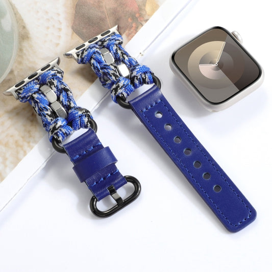 For Apple Watch Series 4 44mm Paracord Genuine Leather Watch Band(Blue Camo) by bashfashion