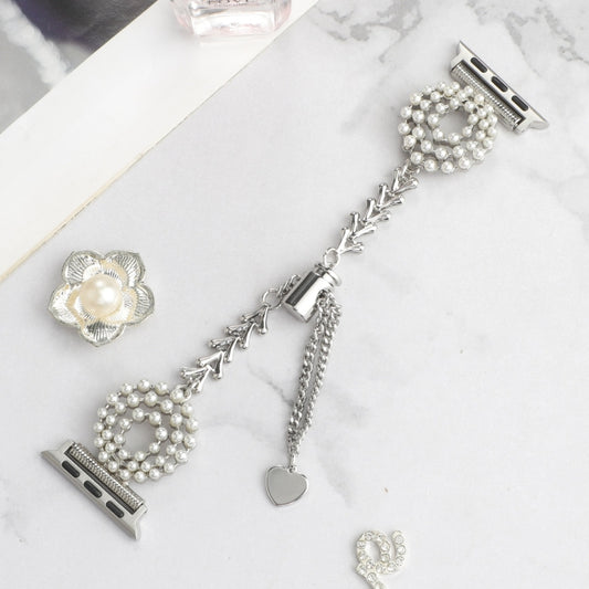 For Apple Watch Series 8 45mm Pearl Round Zinc Alloy Chain Metal Watch Band(Silver) by bashfashion