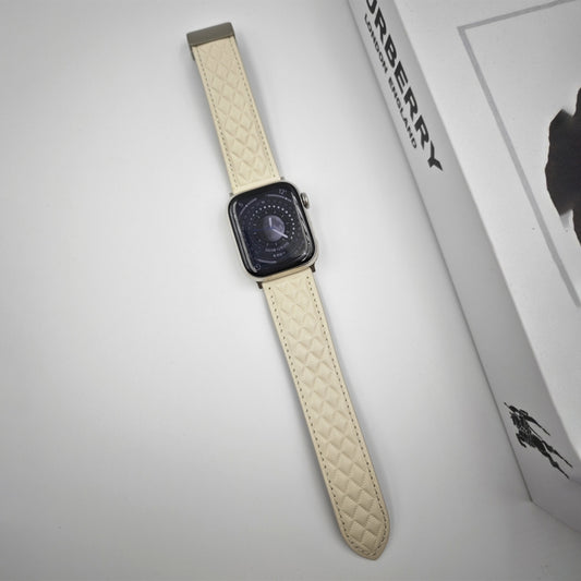 For Apple Watch Series 7 41mm Rhombus Pattern Magnetic Folding Buckle Leather Watch Band(Creamy White) by bashfashion