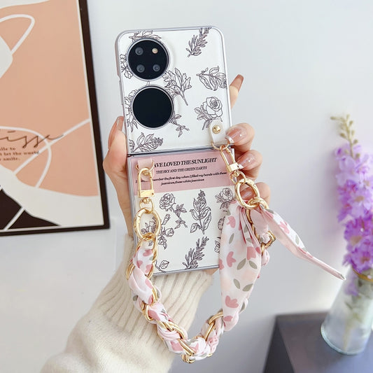 For Huawei Pocket 2 Pearlescent Paint Painted PC Phone Case with DIY Scarf Bracelet(Sketch Flower) by bashfashion